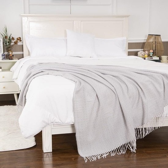 Decorative Diamond Lattice Faux Cashmere Throw Blanket Light Grey Fringe Lightweight Fuzzy Soft Cozy Throws for Sofa Bed Farmhouse Throw Blanket 50" x 60"