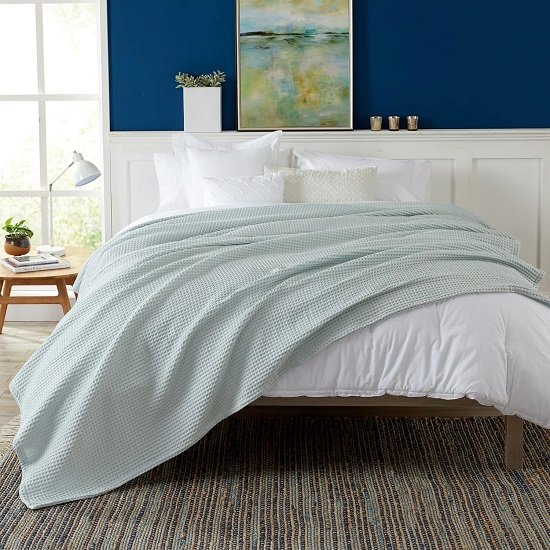 100% Cotton Waffle Weave Bed Blanket | Soft, Breathable, and Lightweight Blanket for All-Season (Full/Queen, ICY Blue)
