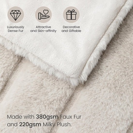 Faux Fur Throw Blanket for Couch, Cozy Warm Plush Striped Blanket for Sofa Bedroom Living Room, 50 * 60 Inches Beige