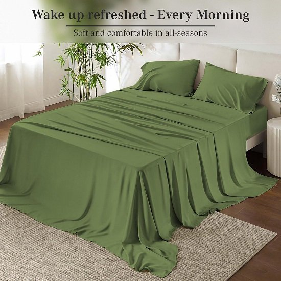 King Size Sheets Set (4 Pc), 100% Cotton Sheets, Cooling Sheets, 400 Thread Count, Soft & Luxury Sateen Weave Sheets for King Size Bed with 16'' Elasticized Deep Pockets - Sage