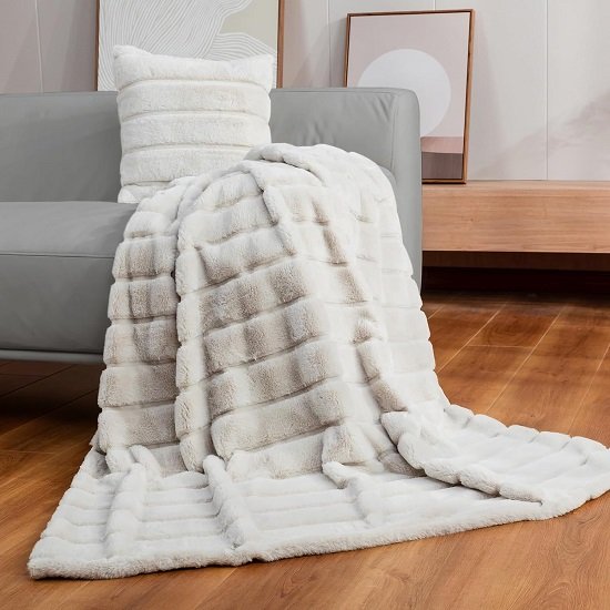 Faux Fur Throw Blanket for Couch, Cozy Warm Plush Striped Blanket for Sofa Bedroom Living Room, 50 * 60 Inches Beige