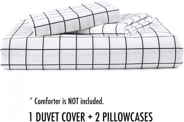 Twin Size Duvet Cover Set, White Plaid Microfiber Down Quilt Bedding Cover with Zip Ties, 2 Piece - 68x90 inch XL Extra Long