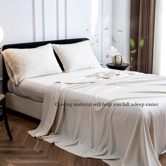 100% Viscose from Bamboo Sheet Set 4Pcs Cooling Soft Breathable Rayon Bed Sheets,Luxury Silky Feel Bedding(1 Flat Sheet 1 Fitted Sheet 1 Pillowcase)-Beige,Twin