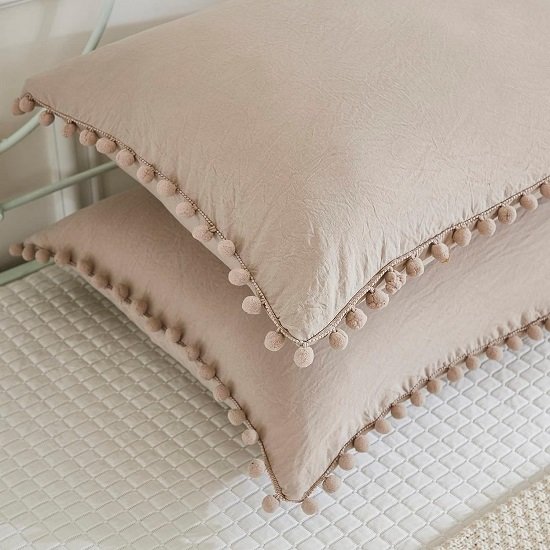 Taupe Pillowcases, Khaki Taupe Standard Pillow Cases Set of 2, 100% Washed Microfiber, Taupe Ball Fringe Pillow Cover, 2 Pack