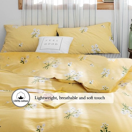 Yellow Floral Bedding Queen Duvet Cover White Flowers Comforter Cover Set Queen Size for Teen Girls Cotton Quilt Cover with Zipper